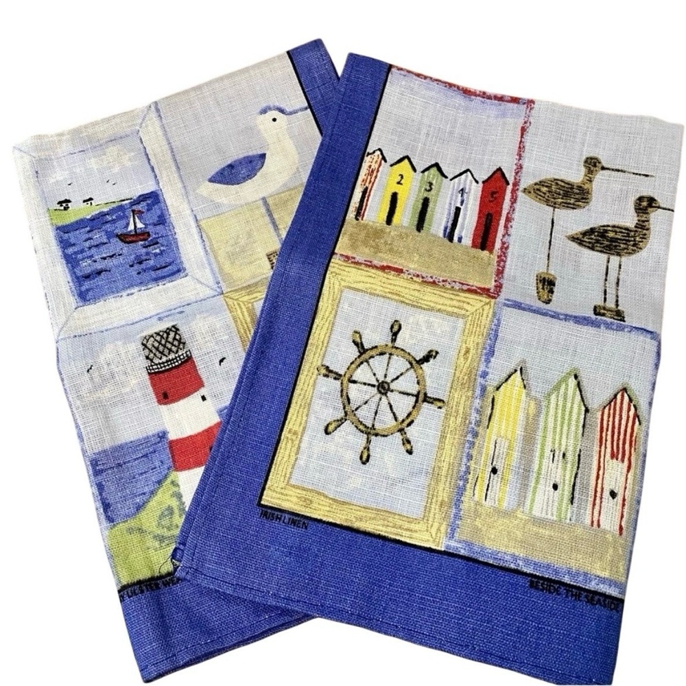 Vintage 100% Pure Irish Linen Tea Towels Made in Ireland “Beside the Seaside”